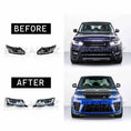 Load image into Gallery viewer, Split comparison image showing before OEM headlights (top left and bottom left) and ENKAHNZ facelift headlights on the Range Rover Sport (top right and bottom right), demonstrating the stylish transformation and enhanced lighting.
