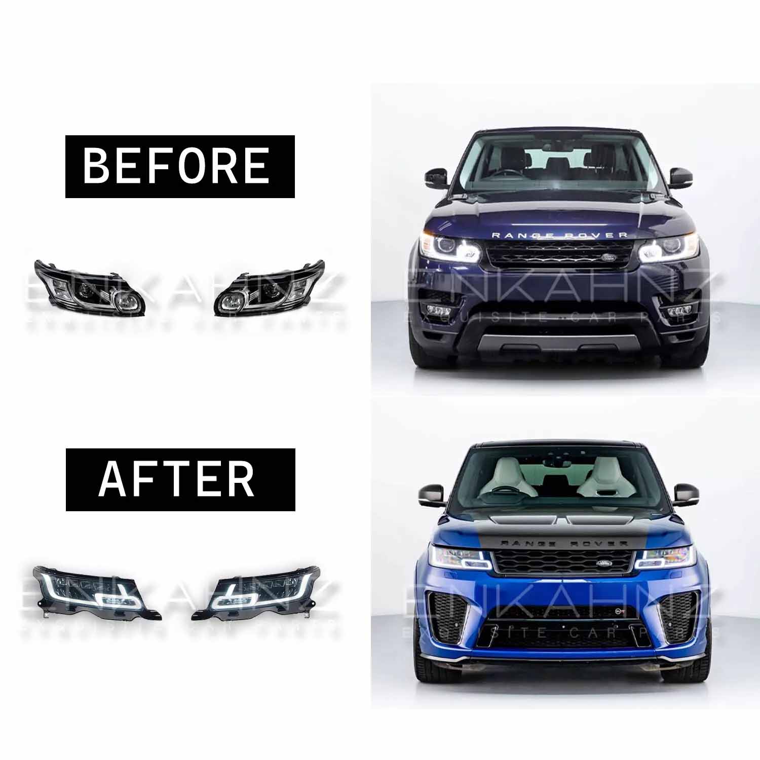 Split comparison image showing before OEM headlights (top left and bottom left) and ENKAHNZ facelift headlights on the Range Rover Sport (top right and bottom right), demonstrating the stylish transformation and enhanced lighting.