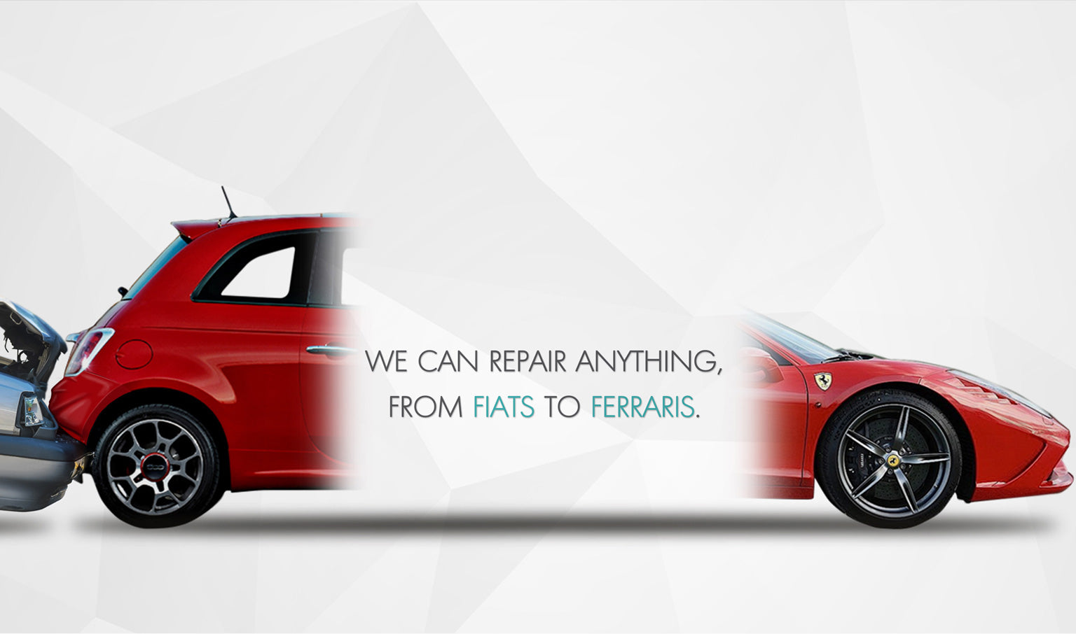 Two red cars, one is a rear of a Fiat 500 being shunted by another silver car from behind,  and the other is a blended front end of a Ferrari with text about car repair services in the middle of the two cars,  on a white textured background.