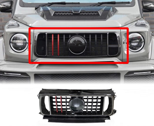 Gray Mercedes-Benz G-Wagon W464 G63 (2018-2022) Brabus-style front grille, featuring Enkahnz branding with the product on the bottom with a white background.
