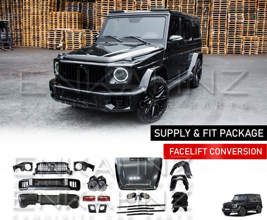 Black Mercedes-Benz G Wagon  W463 2008-17 TO W465 G63 2025 with Enkahnz Branding. The items of the body kit are the Front Bumper, Rear Bumper, Centre Grille, Wheel Arches (x4), Headlight Covers (x2), Bonnet, Rear lights cover (x2), Mirrors (x2), Front Headlamps (x2), Front Wings (x2), Door Strips and 'Enkahnz' branding with a background of a warehouse.