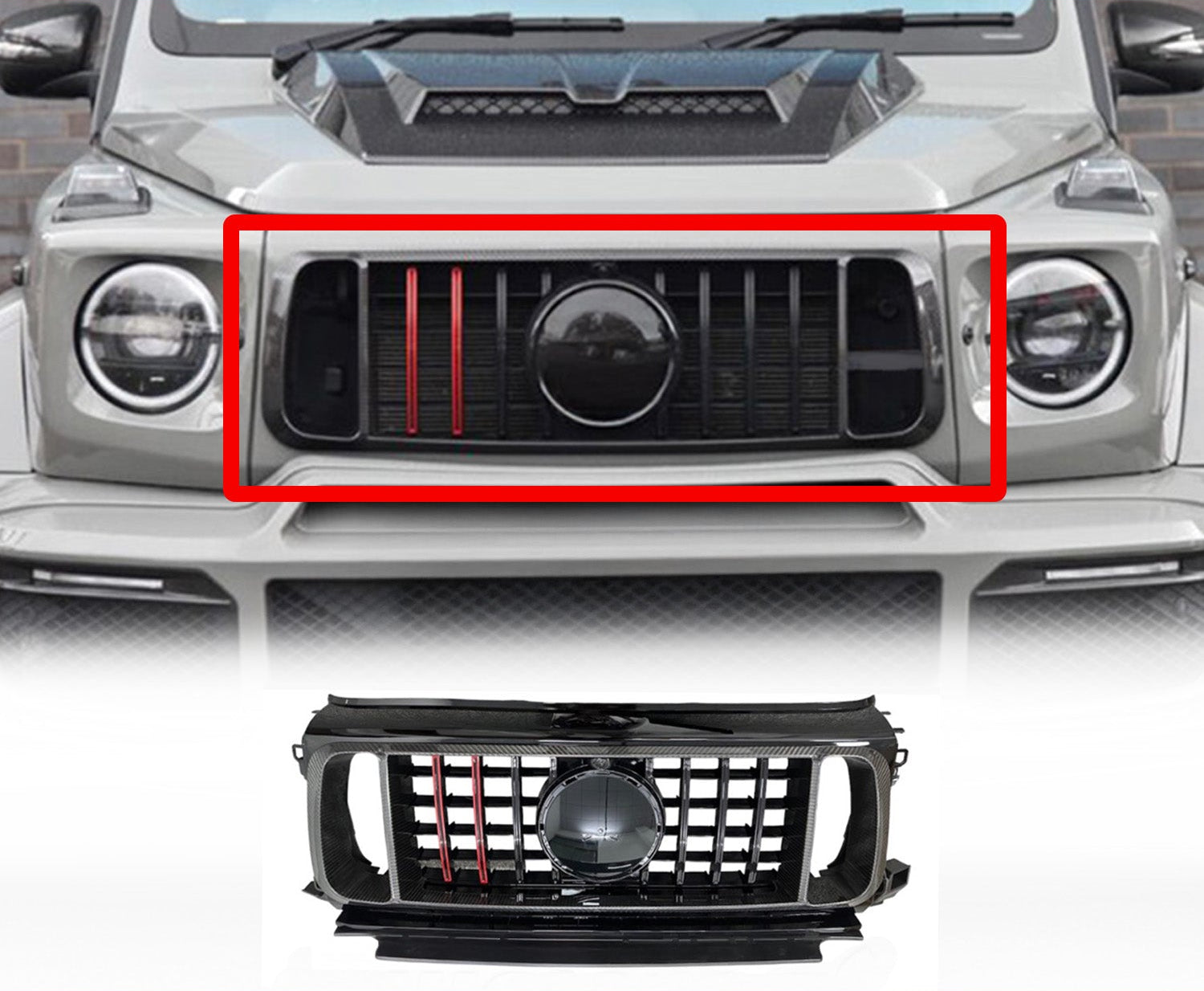 Gray Mercedes-Benz G-Wagon W464 G63 (2018-2022) Brabus-style front grille, featuring Enkahnz branding with the product on the bottom with a white background.