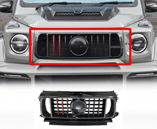 Gray Mercedes-Benz G-Wagon W464 G63 (2018-2022) Brabus-style front grille, featuring Enkahnz branding with the product on the bottom with a white background.