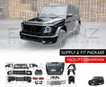 Load image into Gallery viewer, Black Mercedes-Benz G Wagon with Enkahnz W463 2008-17 TO W465 G63 2025 Bodykit highlighted with a white background. The items of the body kit are the Front Bumper, Rear Bumper,
Centre Grille, Wheel Arches (x4), Headlight Covers (x2), Bonnet, Rear lights cover (x2), Mirrors (x2), Front Headlamps (x2), Front Wings (x2), Door Strips and 'Enkahnz' branding with a background of a warehouse.

