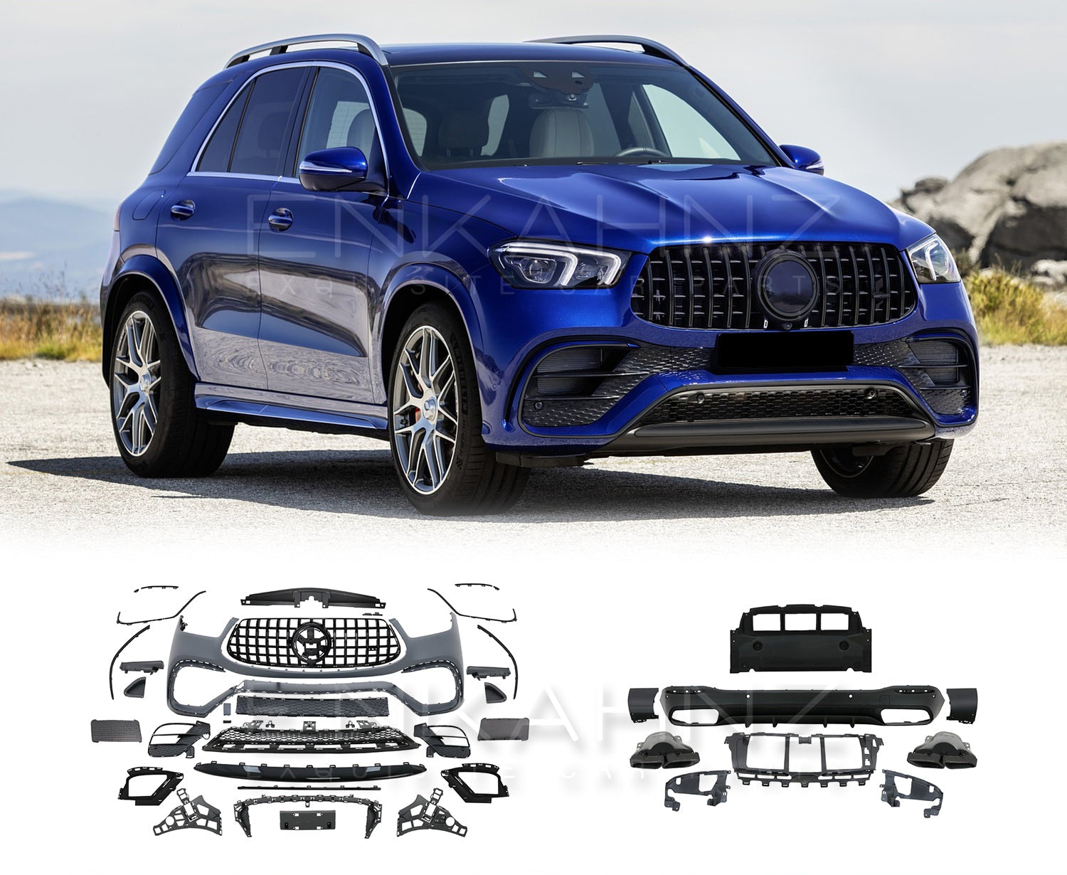 Blue Mercedes-Benz SUV with car body kits displayed below on a road with mountains in the background