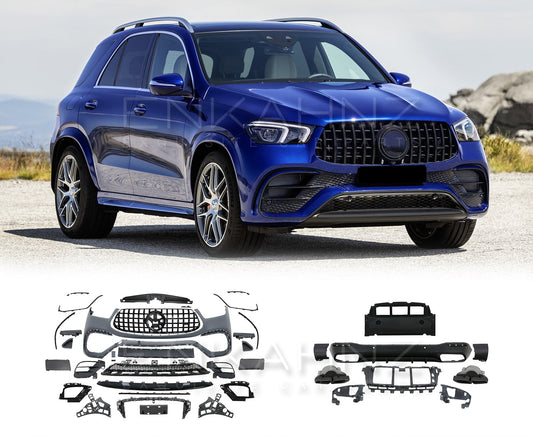 Blue Mercedes-Benz SUV with car body kits displayed below on a road with mountains in the background
