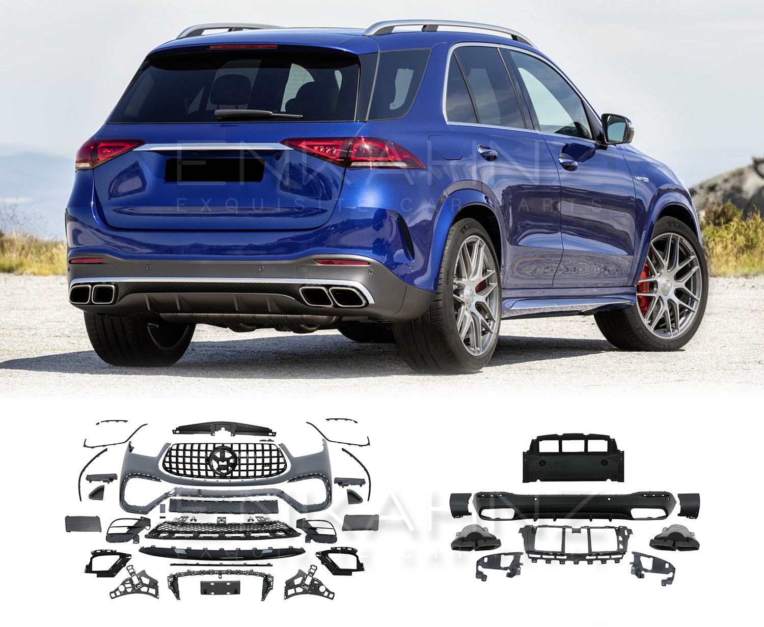 Blue SUV with car body parts displayed below on a white background.