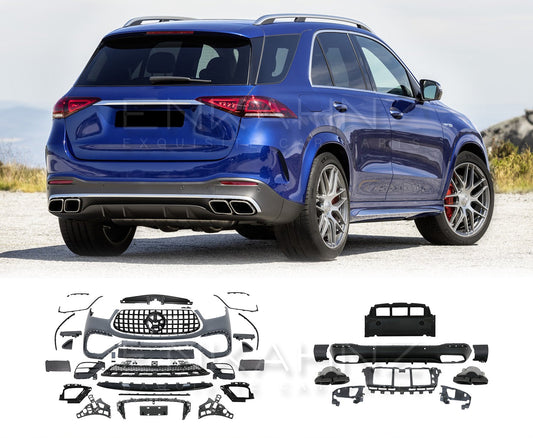 Blue SUV with car body parts displayed below on a white background.