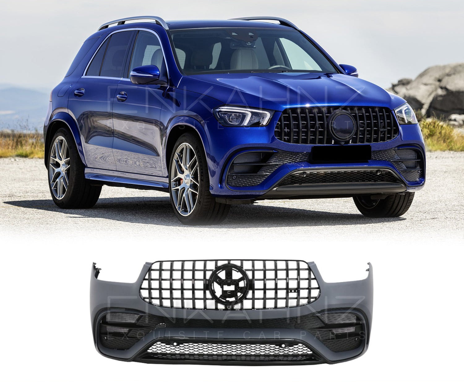 Blue Mercedes-Benz SUV with a front bumper grille on a clear background, featuring Enkahnz branding.