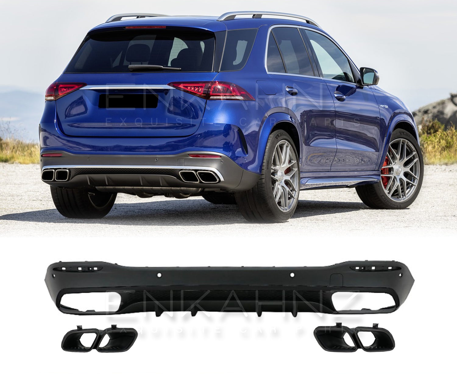 Blue SUV with a car body kit on a clear background, featuring Enkahnz branding.