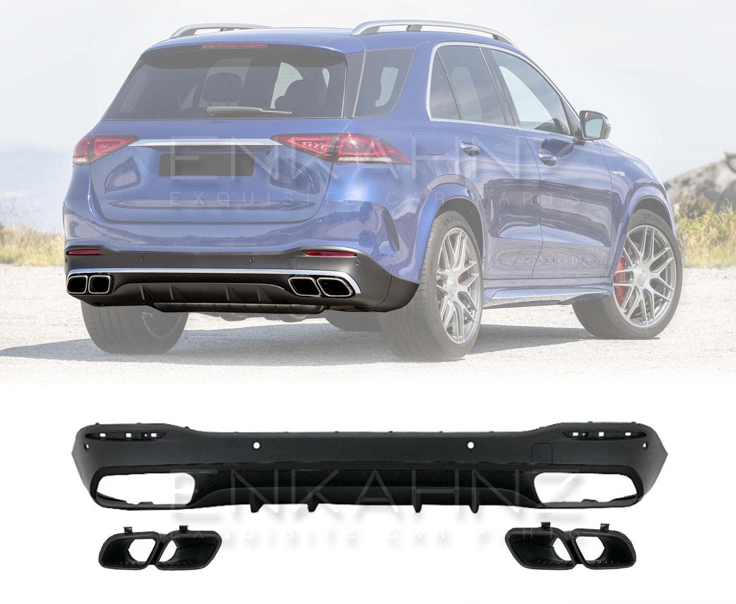 Blue SUV with a black car body kit on a white background, featuring Enkahnz branding.