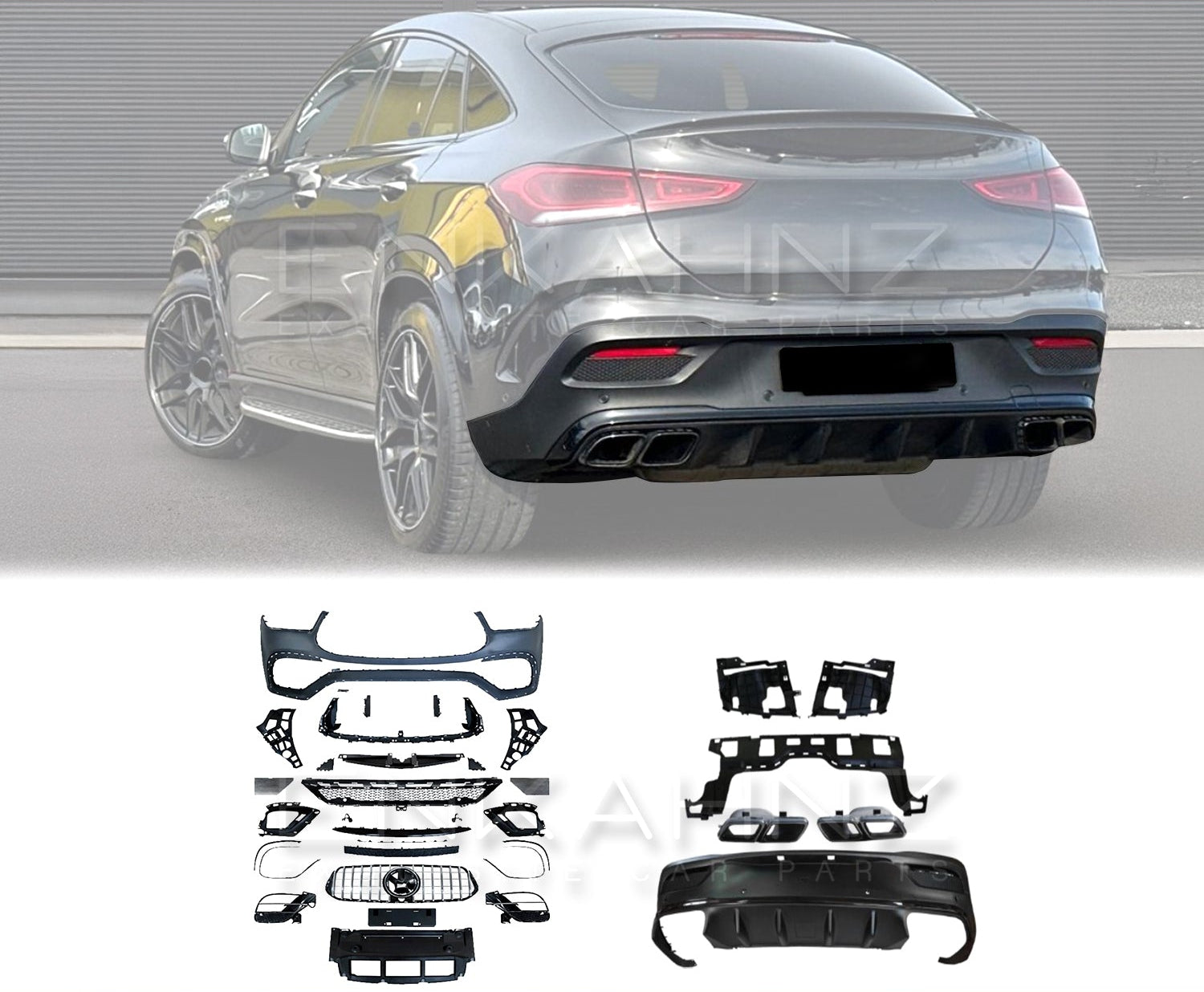 Car body kit for Mercedes GLE Coupe 2019-2023 by Enkahnz with car in the background.