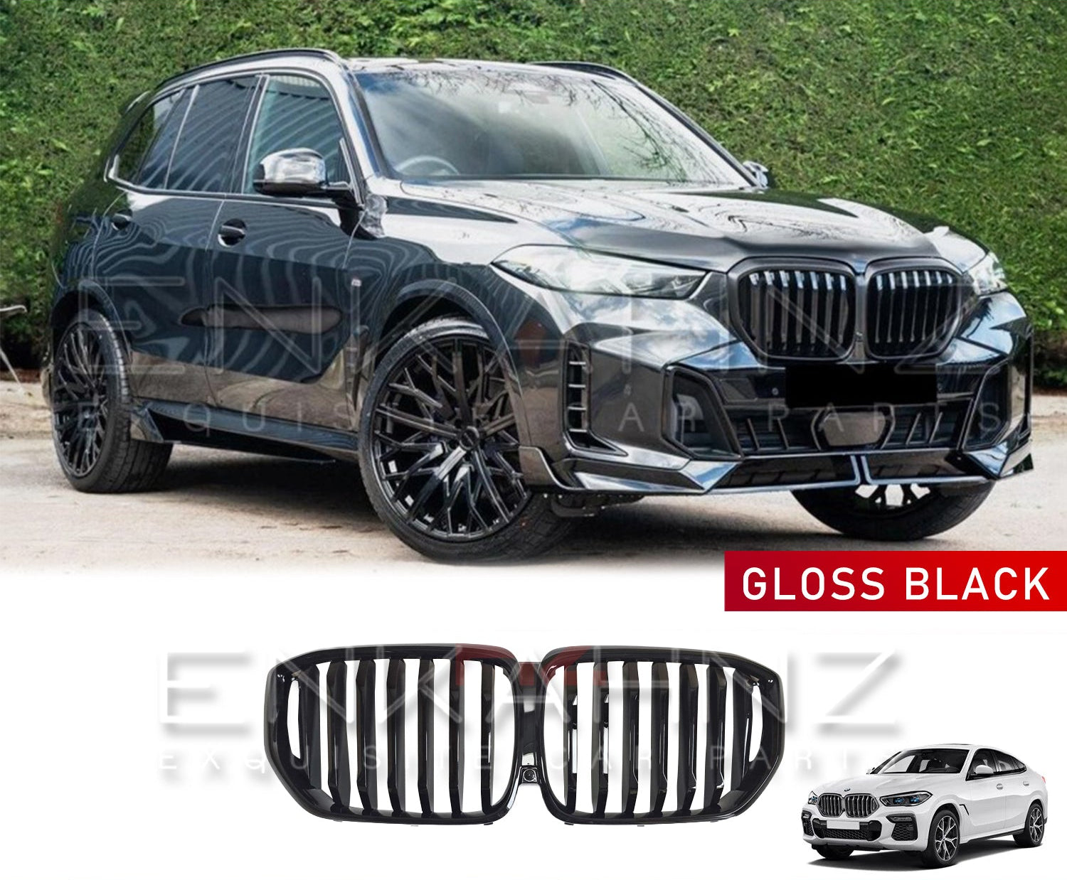 Black BMW X5 with gloss black kidney grille on a road with greenery in the background, featuring Enkahnz branding.