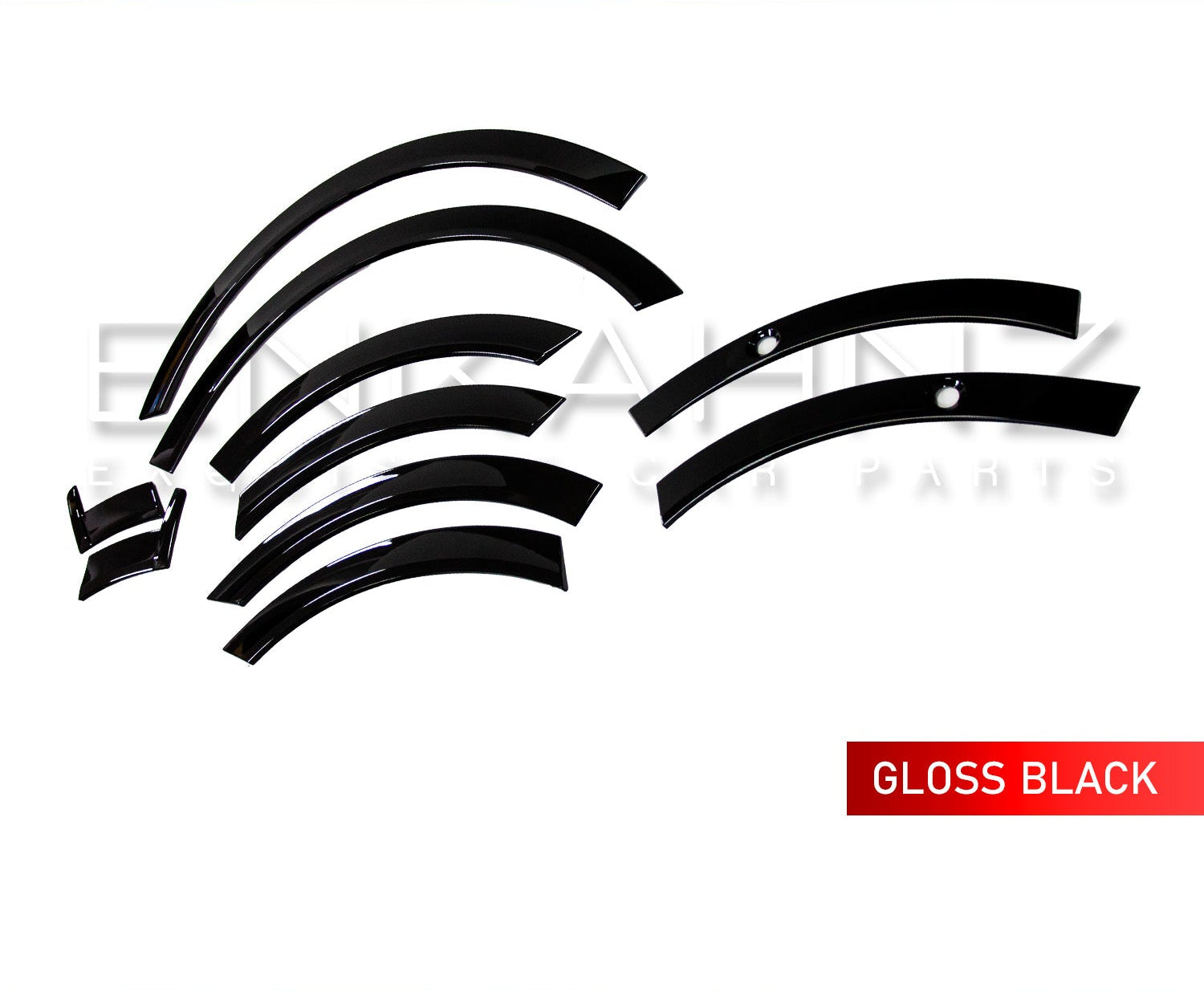 Dark gray Range Rover Sport Side View of a L461 2022+ SUV Wheel arches in gloss black on a white background, featuring Enkahnz branding. The Items are in the centre of the advert with white background.