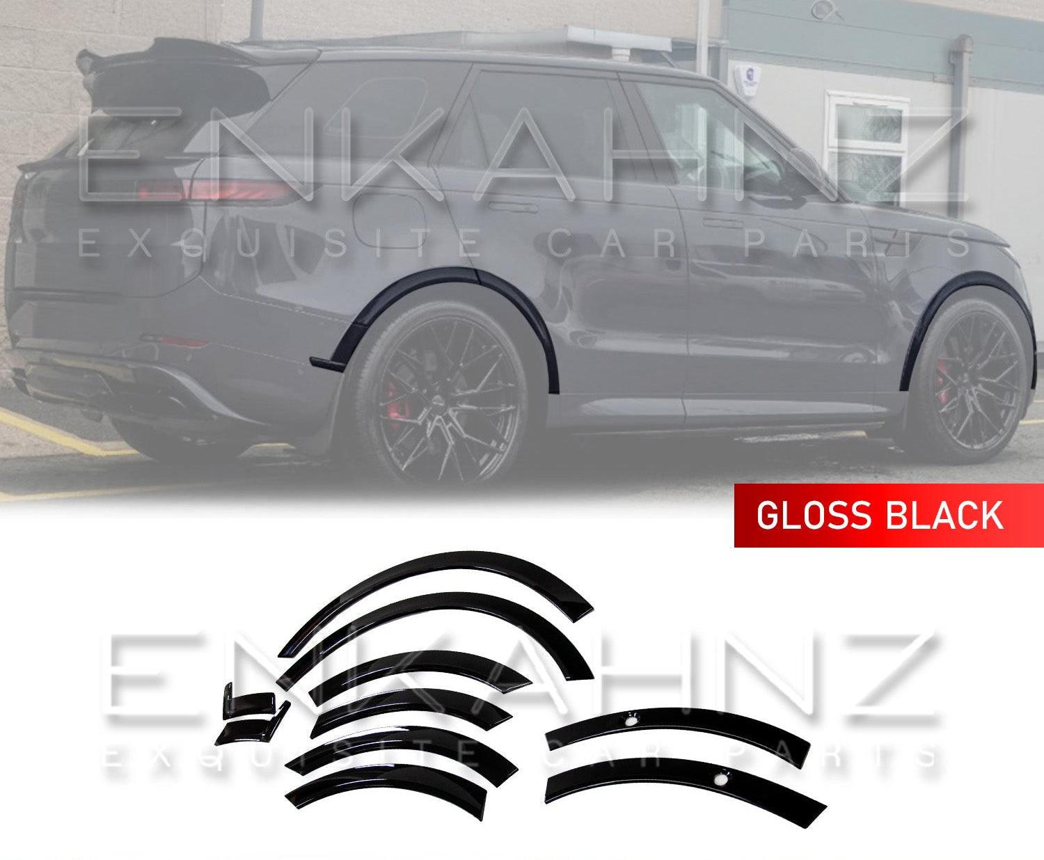 Dark Gray Range Rover Sport Rear Quarter Side View L461 SUV 2022+  with Gloss Black Wheel Arches on an opaque white background, featuring Enkahnz branding. The Items are in the bottom of the advert with white background.