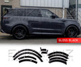 Load image into Gallery viewer, Dark gray Range Rover Sport Side View L461 SUV with gloss black wheel arches on a garage background, featuring Enkahnz branding. The Items are in the bottom of the advert with white background.
