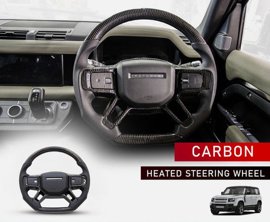 HEATED STEERING WHEEL CARBON FIBRE FOR LAND ROVER DEFENDER STYLE 90/110/130 with interiors in the background and the item in the bottom with a white background. 