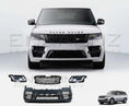 Load image into Gallery viewer, Front view of Range Rover L405 upgraded with SVO facelift front bumper, grille and LED headlights alongside included front-end conversion parts
