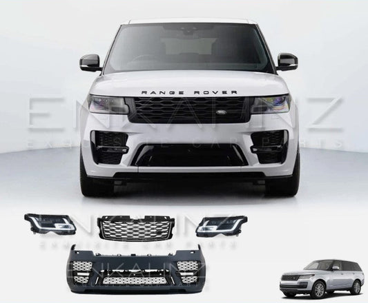 Front view of Range Rover L405 upgraded with SVO facelift front bumper, grille and LED headlights alongside included front-end conversion parts