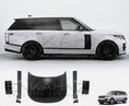 Load image into Gallery viewer, Side profile of facelifted Range Rover L405 showing SVO style side vent trims with bonnet, side trims and exterior conversion parts displayed below. 
