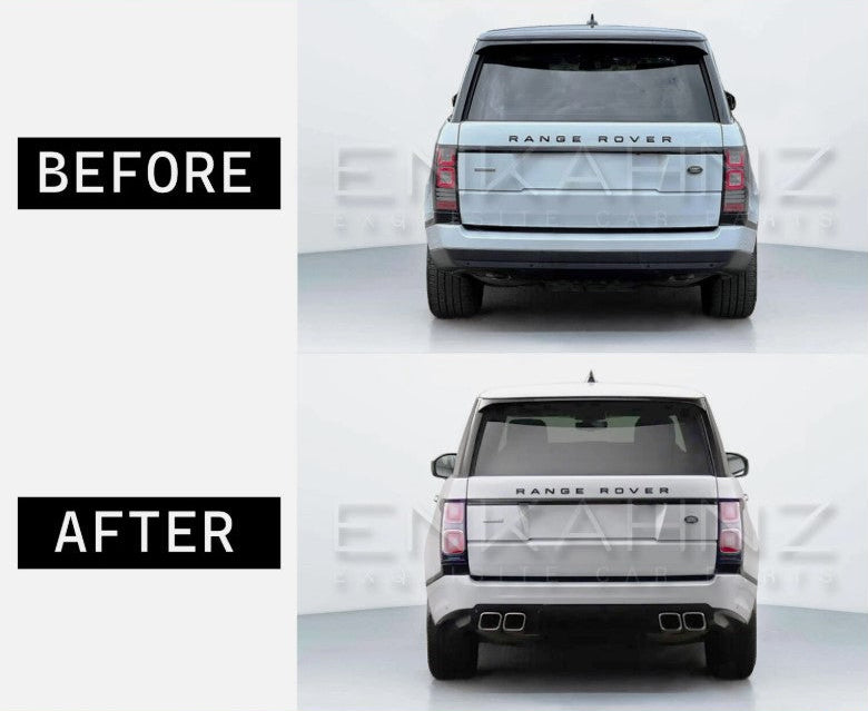 Rear before and after comparison of Range Rover L405 showing standard rear bumper versus SVO style facelift rear conversion with quad exhaust styling.