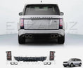 Load image into Gallery viewer, Rear view of Range Rover L405 with SVO style facelift rear bumper, quad exhaust surrounds and updated tail lights with rear conversion components.
