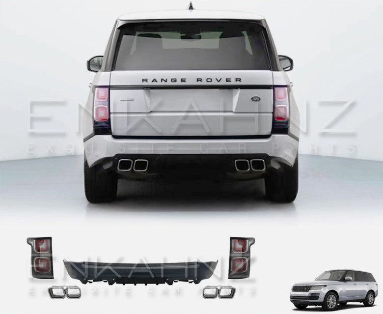 Rear view of Range Rover L405 with SVO style facelift rear bumper, quad exhaust surrounds and updated tail lights with rear conversion components.