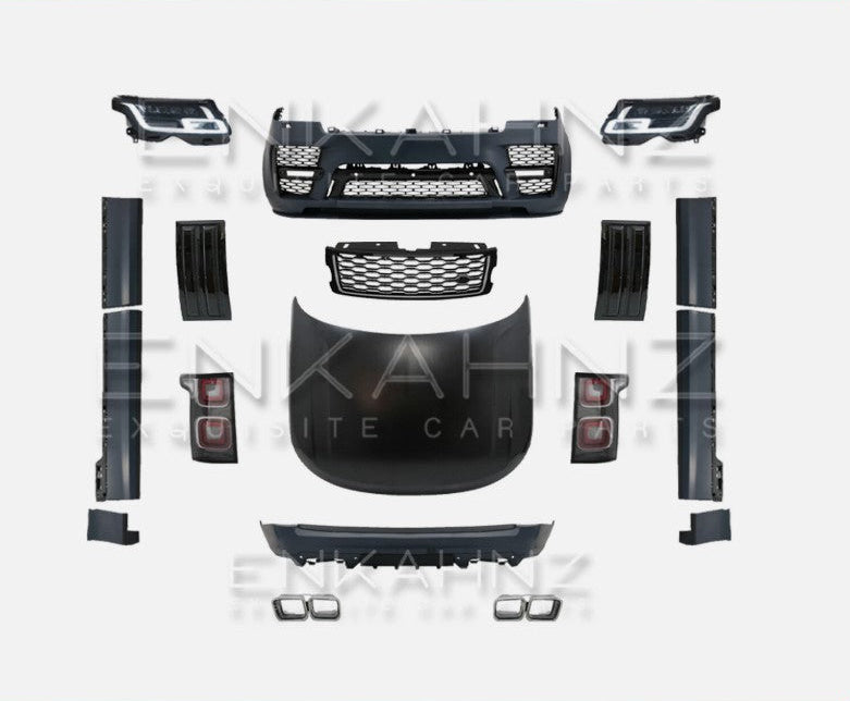 Complete SVO style facelift conversion bodykit parts for Range Rover L405 including Front bumper complete with all mesh inserts, Rear bumper complete with diffuser, Centre Grille, Side Vents (x2), Door Mouldings (x6), Quad Exhaust tailpipes (x2), Facelift Matrix LED Headlights (x2), and Facelift Rear LED taillights (x2).