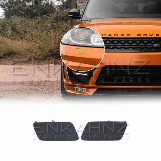 orange Range Rover Sport 2013-2017 with Barugzai LM style bodykit; front bumper close‑up showing jet wash covers, magnified detail, product thumbnails on white.