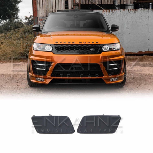 Front‑facing orange Range Rover Sport with LM style bodykit; jet wash covers promoted with product images displayed along the bottom on white.