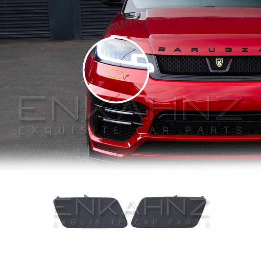 Red Range Rover Sport 2018–2022 with Barugzai LM style bodykit; front bumper close‑up showing jet wash covers, magnified detail, product thumbnails on white.