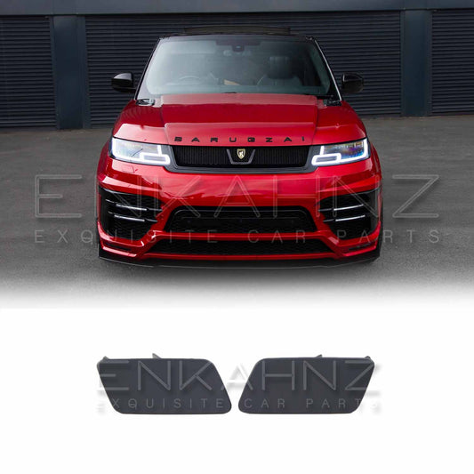 Front‑facing red Range Rover Sport with LM style bodykit; jet wash covers promoted with product images displayed along the bottom on white.