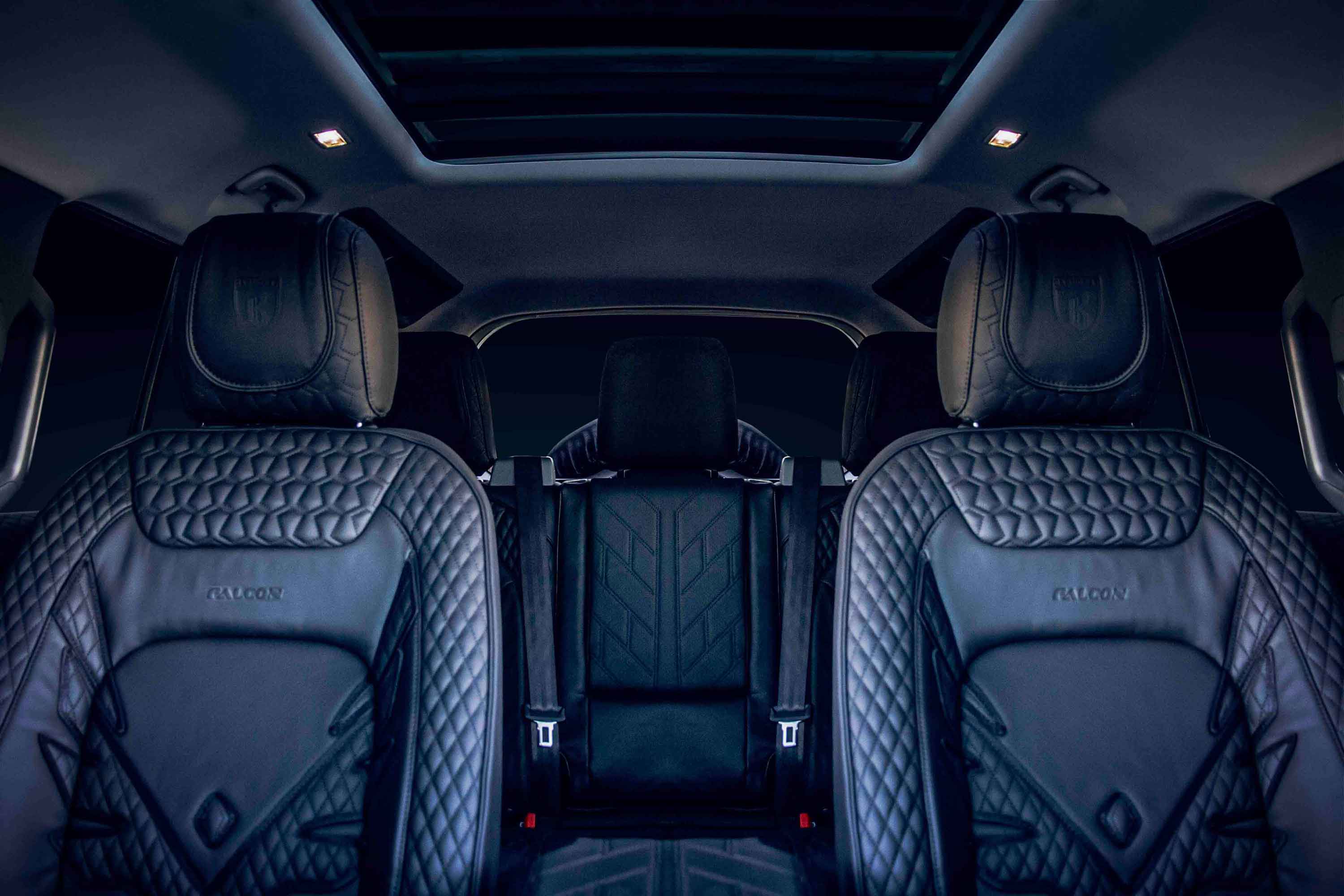 Land Rover Defender 110 L663, Barugzai Falcon interior with quilted leather seats and quilted headrests.
