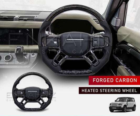 Car interior with forged carbon heated steering wheel with steering wheel product displayed at the bottom.
