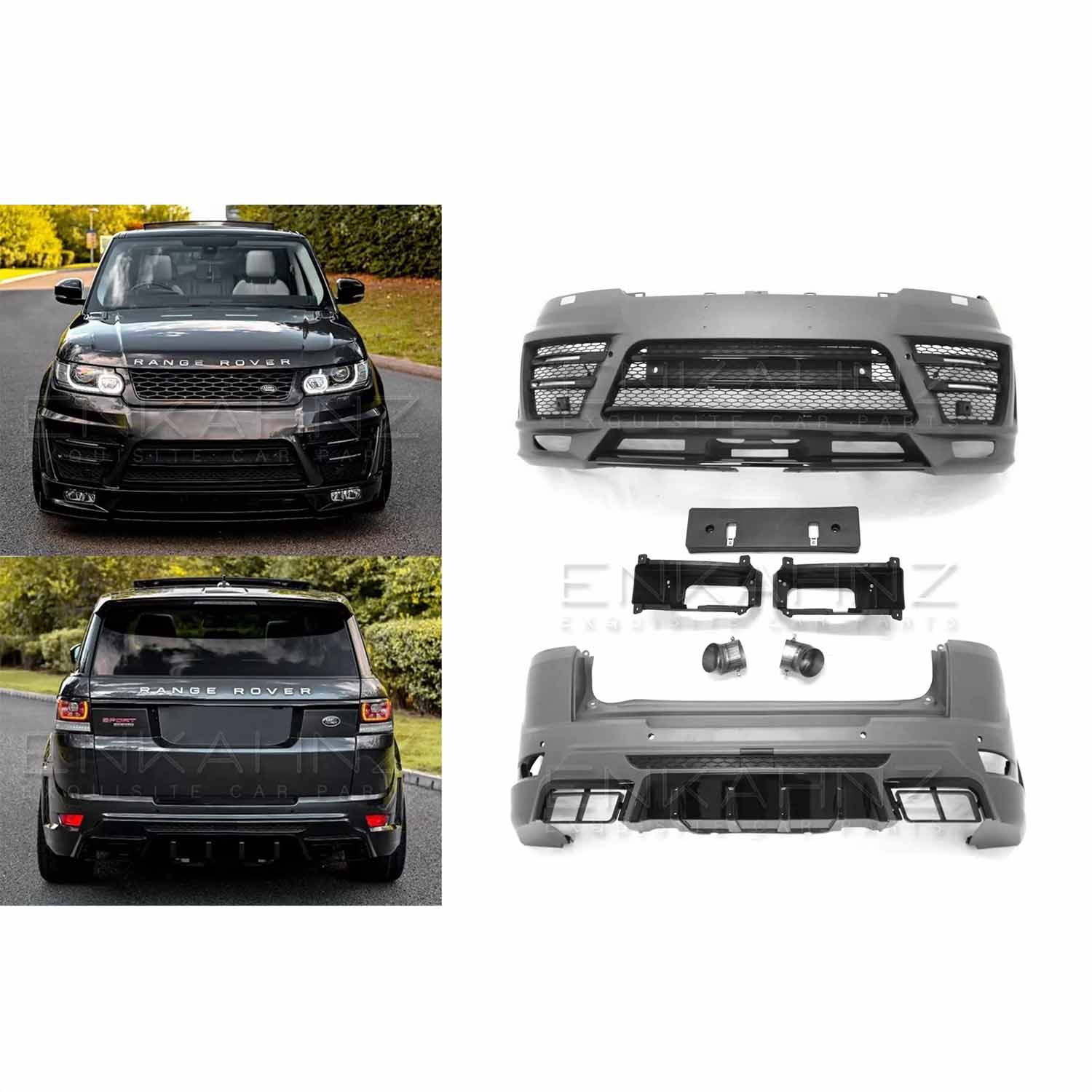 Collage with two images on the left: top shows front angle of Range Rover with LM Style kit, bottom shows rear angle; on the right, top displays the LM Style front bumper product, bottom shows the rear bumper for a complete kit overview.