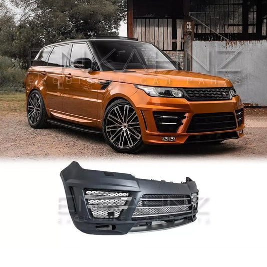 Front view of an orange Range Rover Sport (2013-2017) fitted with the ENKAHNZ LM Style aftermarket front bumper, set against an industrial background for a modern, aggressive look.