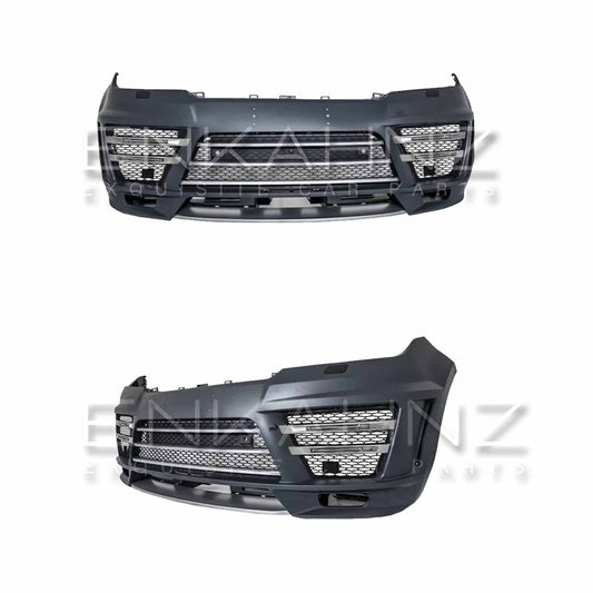 Two-product image collage of the ENKAHNZ LM Style aftermarket front bumper for Range Rover Sport 2013-2017 shown from different angles on a clean white background, highlighting the bumper’s design features