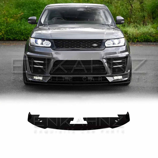 Front-facing, slightly low angle view of a grey Range Rover Sport equipped with the ENKAHNZ LM Style splitter—giving a clear visual of how the splitter transforms and complements the lower front bumper.