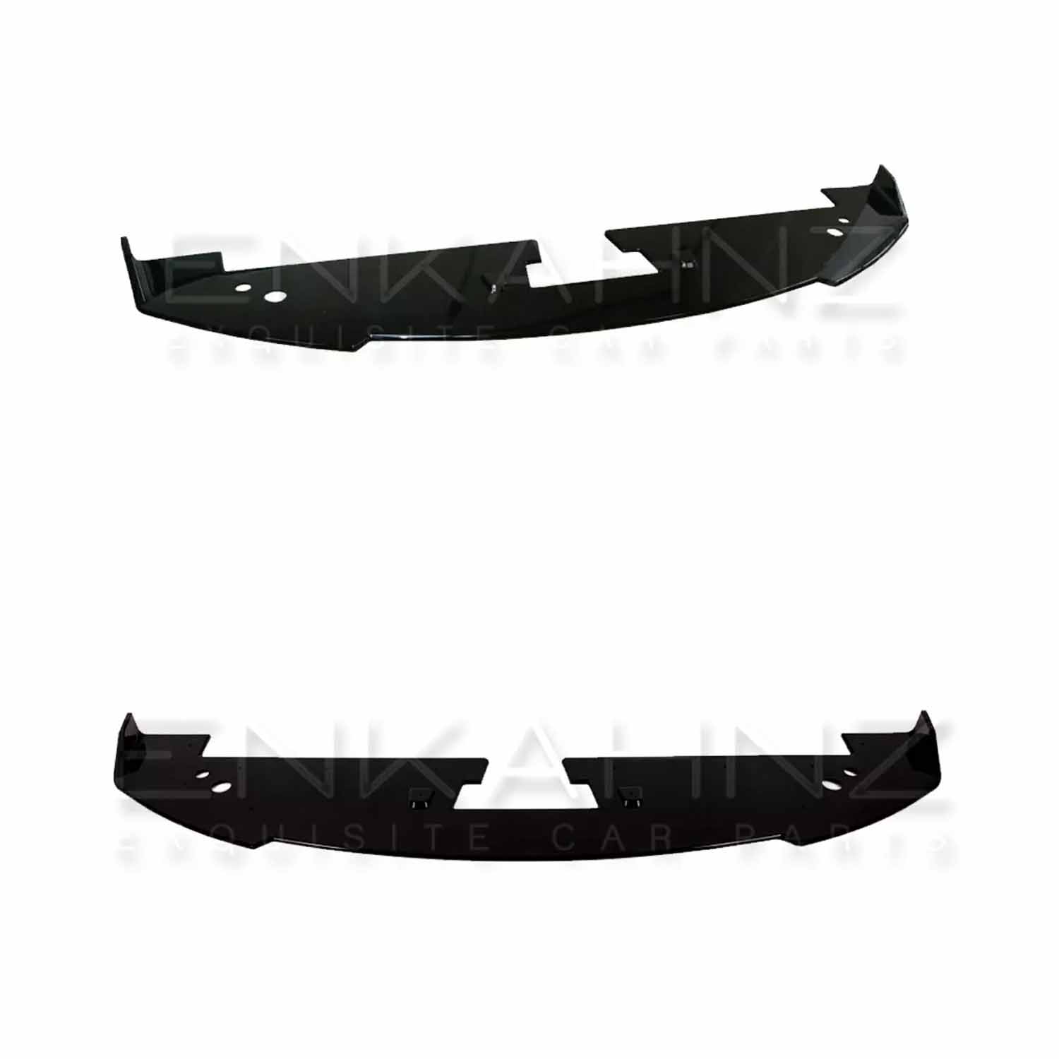 Product image displaying the ENKAHNZ LM Style front splitter for Range Rover Sport 2013-2017 from two distinct angles on a white backdrop, showcasing its design lines, contours, and quality finish.
