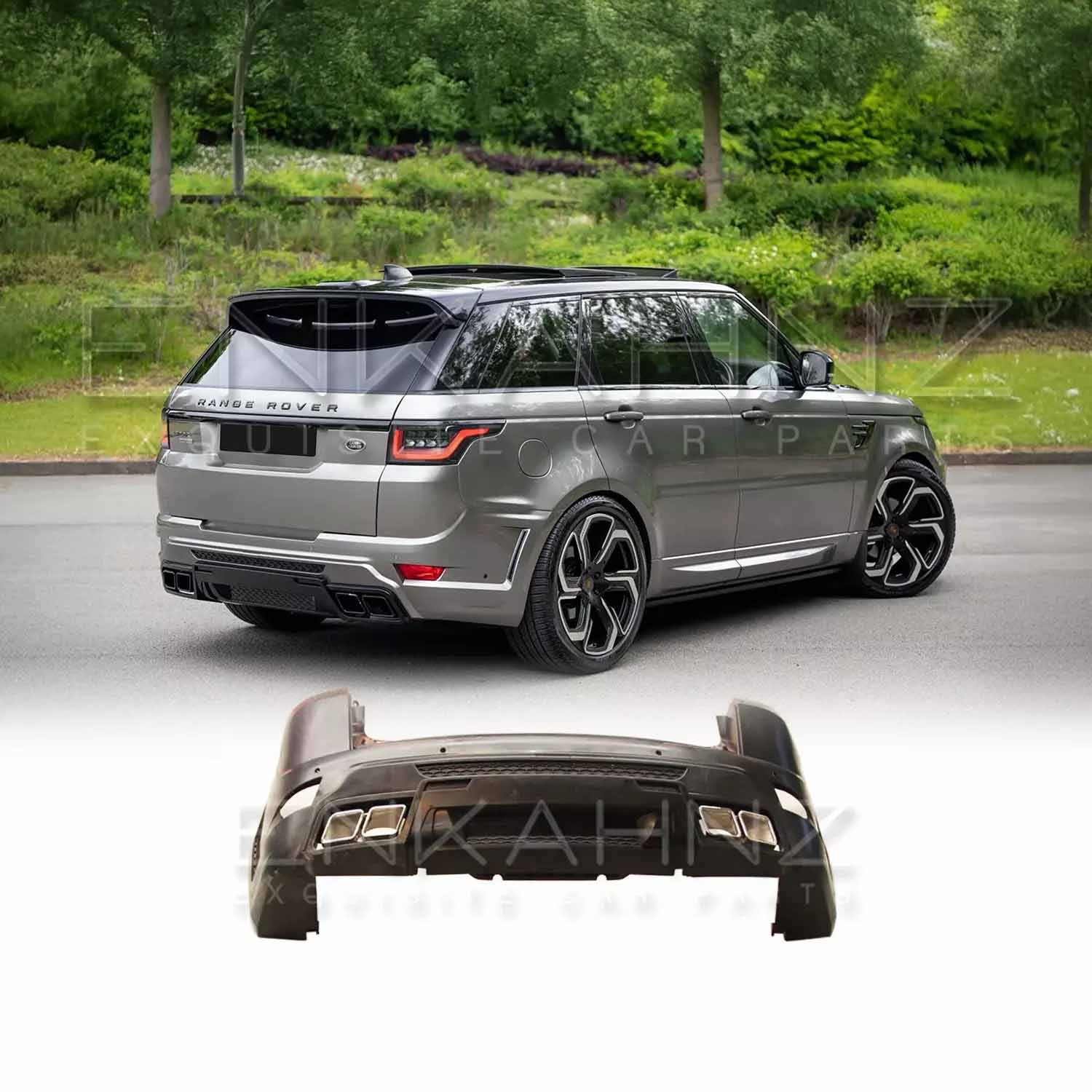 Rear quarter view of a golden-silver Range Rover Sport 2018–2022 parked outdoors, fitted with the Enkahnz aftermarket LM style rear bumper, with a product image of the bumper at the bottom.