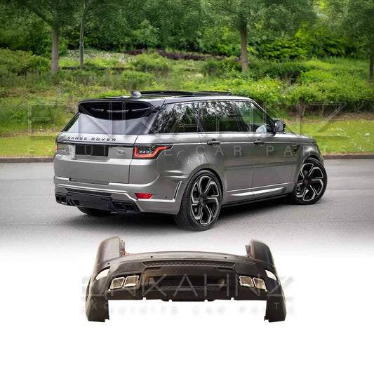 Rear quarter view of a golden-silver Range Rover Sport 2018–2022 parked outdoors, fitted with the Enkahnz aftermarket LM style rear bumper, with a product image of the bumper at the bottom.