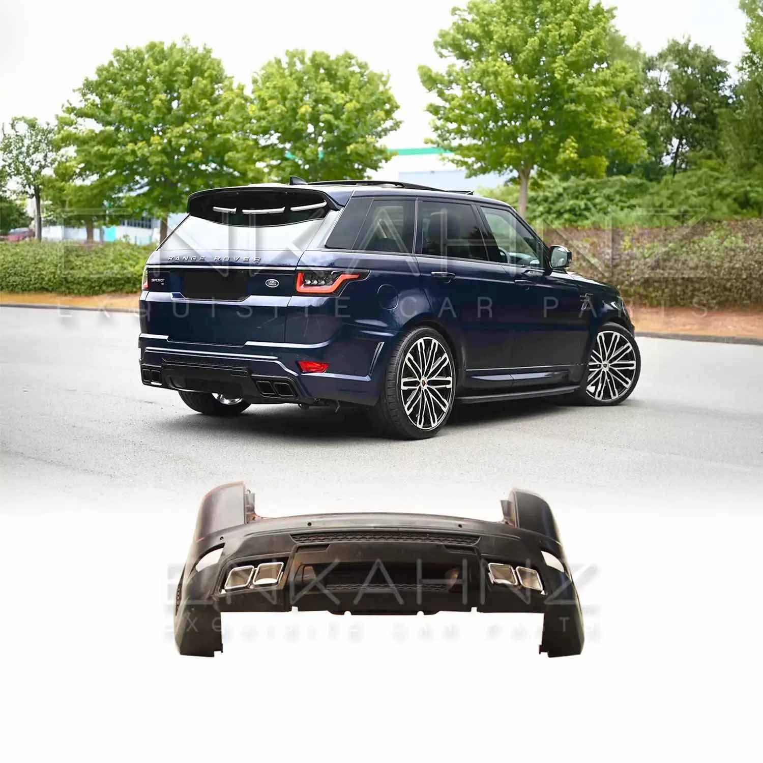 Rear quarter angle of a navy blue Range Rover Sport 2018–2022 featuring the Enkahnz LM style rear bumper, with the product image displayed at the bottom.