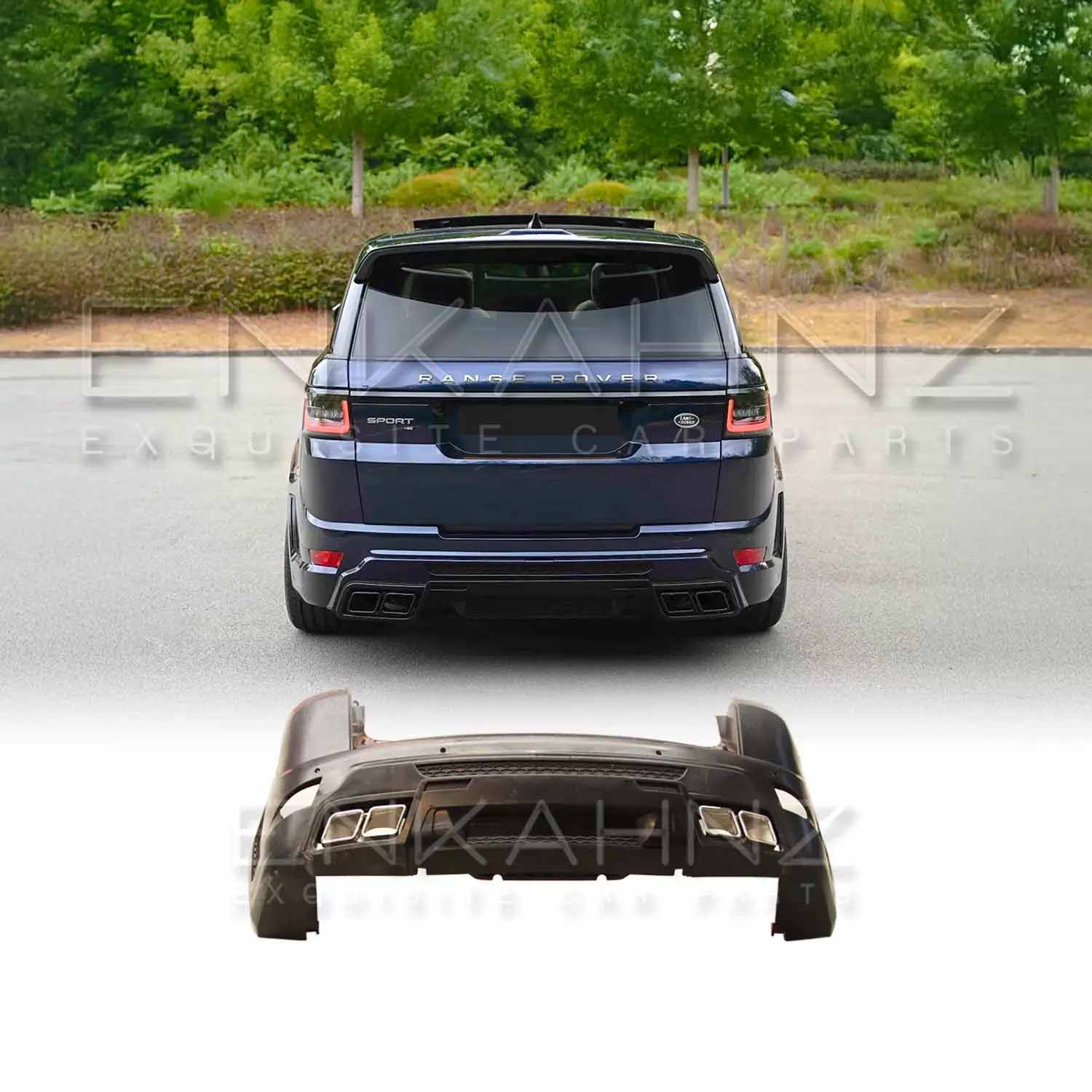 Direct rear view of the navy blue Range Rover Sport 2018–2022 equipped with the Enkahnz LM style rear bumper.