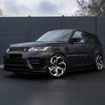 Load image into Gallery viewer, Matte black Range Rover Sport 2018–2022 with Enkahnz LM style bodykit and Barugzai Shuracan polished face wheels, shown from a front quarter angle.
