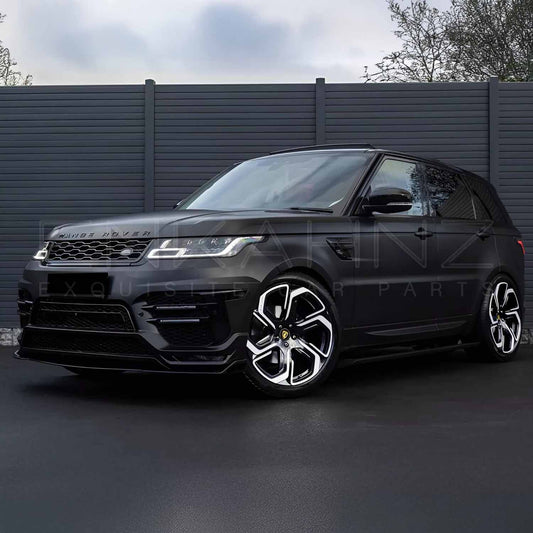 Matte black Range Rover Sport 2018–2022 with Enkahnz LM style bodykit and Barugzai Shuracan polished face wheels, shown from a front quarter angle.