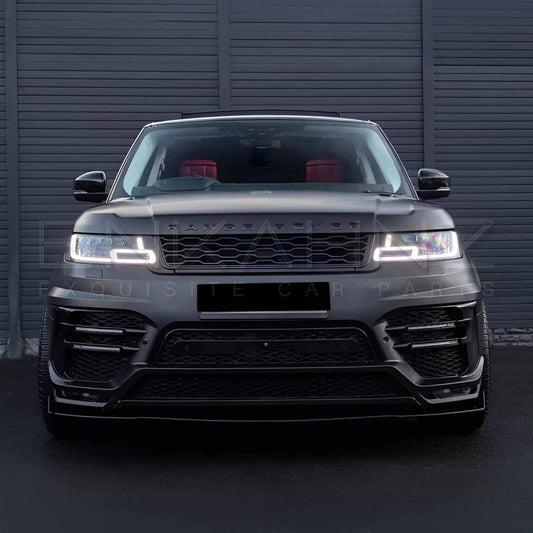 Low front angle of Range Rover Sport 2018–2022 fitted with Enkahnz LM style bodykit, highlighting the aggressive front bumper and styling features.
