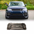 Load image into Gallery viewer, Navy blue Range Rover Sport 2018–2022 with a direct front angle, highlighting the LM Style front bumper, and the matching product image at the bottom.
