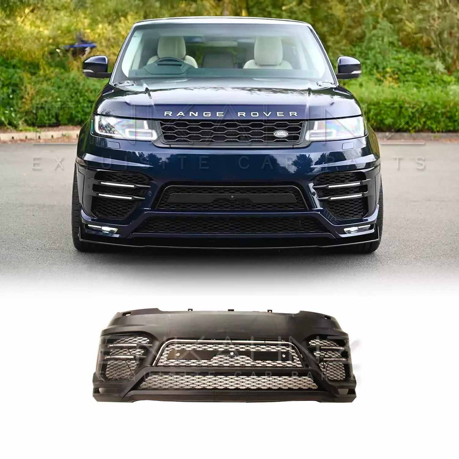 Navy blue Range Rover Sport 2018–2022 with a direct front angle, highlighting the LM Style front bumper, and the matching product image at the bottom.
