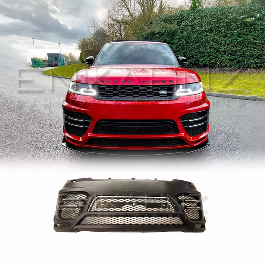 Closeup low angle shot of a red Range Rover Sport 2018–2022 with the Enkahnz LM Style front bumper fitted, showing the bumper’s details and product image at the bottom.