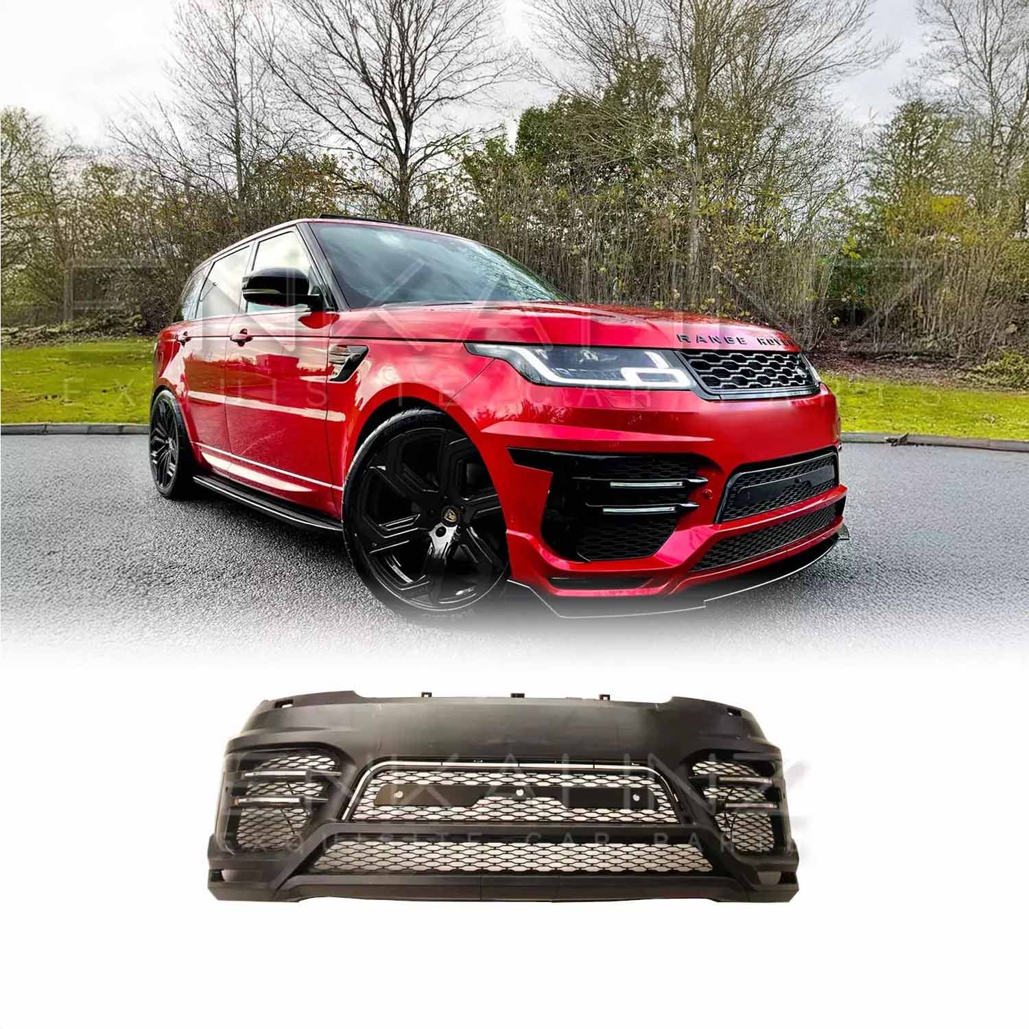 Red Range Rover Sport 2018–2022 viewed from a lower front quarter angle, equipped with the LM Style front bumper, product image displayed at the bottom.